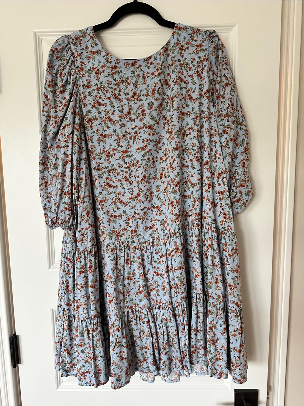 Vici Light Blue Floral Tiered Dress with Rust Accents